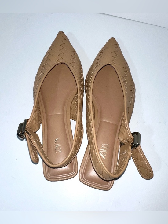 Zara Shoes - ZARA Woven Leather Pointed Toe Slingback Flats Buckle Nude Tan Sz 38